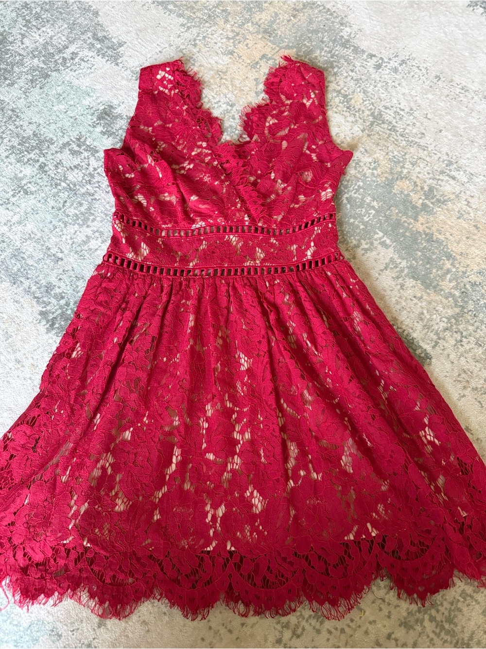 Alya Francesca’s Red Lace Fit and Flare Dress with Nude Underlay, Size S